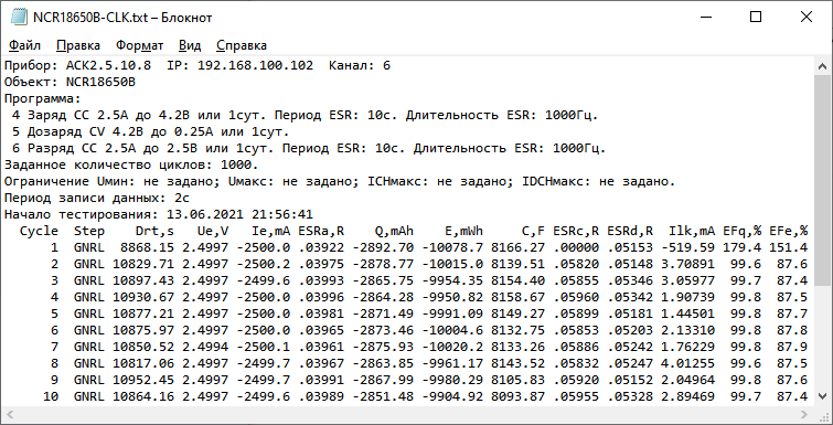 файл поцикловых результатов измерений, полученный с помощью тестера аккумуляторов АСК